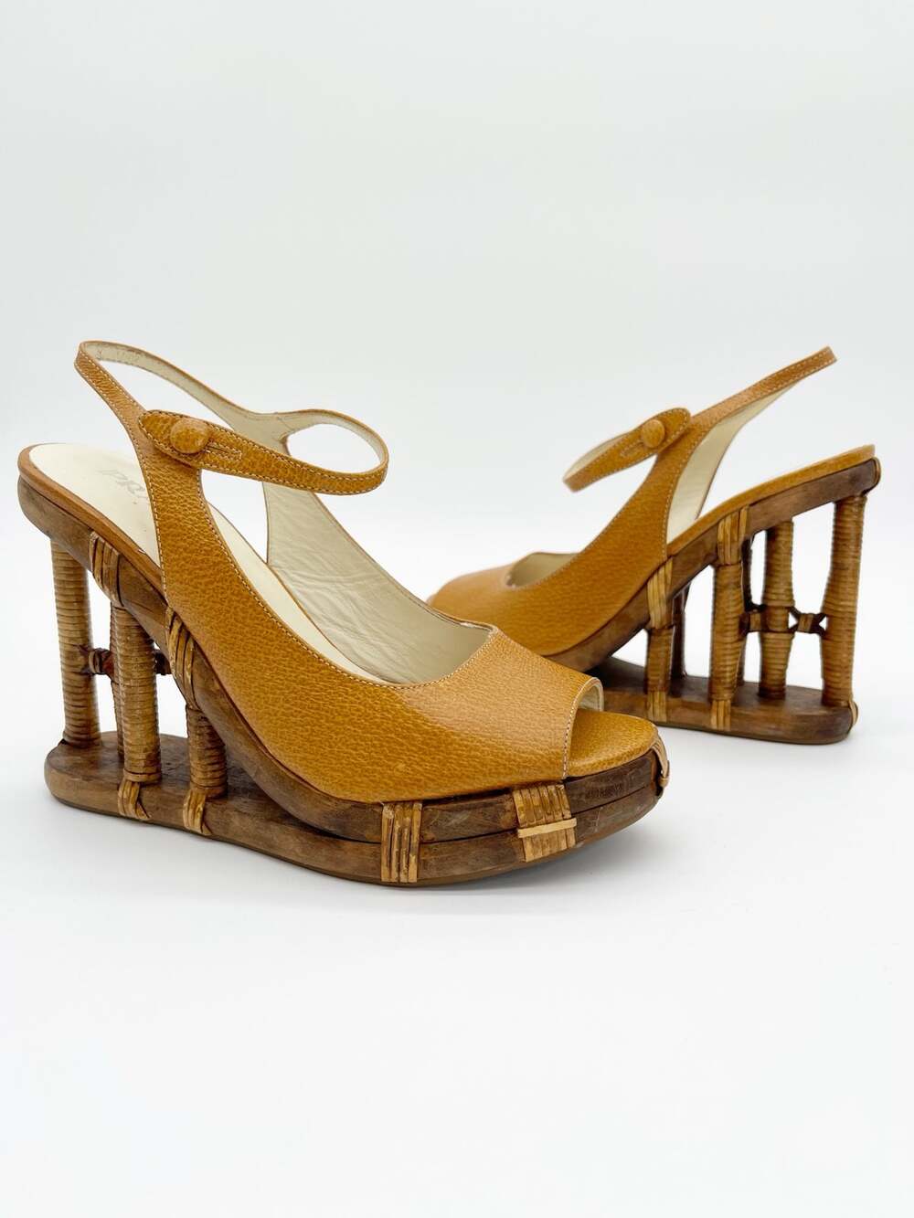 Prada Vintage S/S 2006 Runway Camel Bamboo Cage Wedge Slingback Sandals IT 37.5